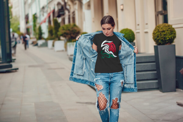 Attractive girl in a jeans jacket and white t-shirt walking along the street. Mock-up. FIESTAS PATRIAS