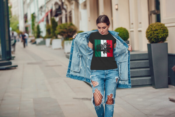 Attractive girl in a jeans jacket and white t-shirt walking along the street. Mock-up. FIESTAS PATRIAS