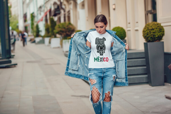 Attractive girl in a jeans jacket and white t-shirt walking along the street. Mock-up. FIESTAS PATRIAS